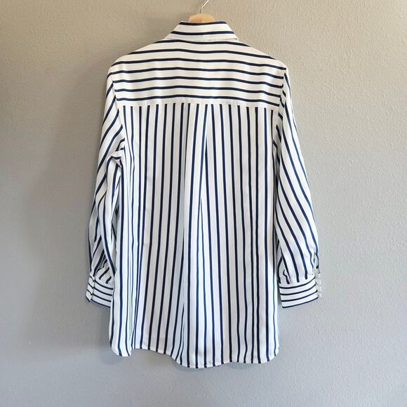LILYSILK Oversized Palma Stripe Silk Button Down Shirt, Size Small, White & Blue - Picture 3 of 16